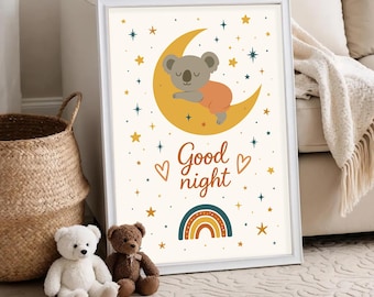 Stampa boho per cameretta, stampa di un koala addormentato sulla luna, buonanotte, decorazioni stravaganti, poster stampabile con animali, download digitale