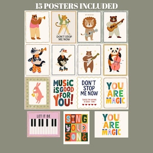 May include: A collection of 15 colorful posters featuring animal musicians and musical instruments. The posters include text such as "Don't Stop Me Now," "Music is Good for You," and "You Are Magic."