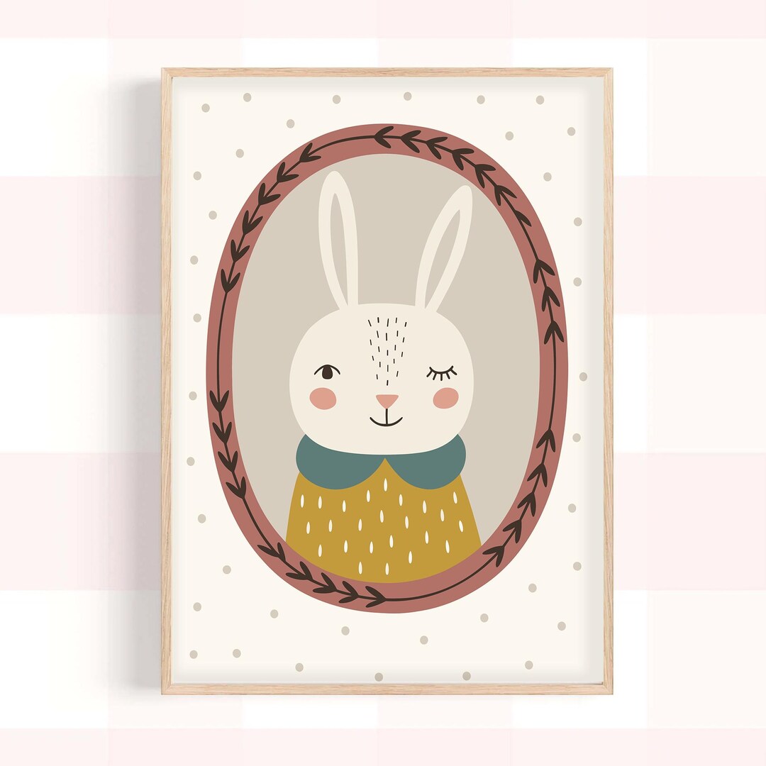 Winking Rabbit Nursery Art: Whimsical Boho Kids Room Decor (digital ...