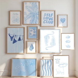 Blue Wall Art Print Set of 11, Trendy Posters, Preppy Digital Prints, Girly Dorm Room Decor, Printable Art, College Apartment Aesthetic