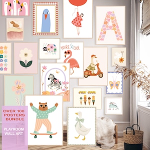 Playroom Wall Decor, Girl Bundle of 100 Printable Posters, Toddler Room Art Girls, Nursery Wall Art Digital Download, Playful Animal Prints