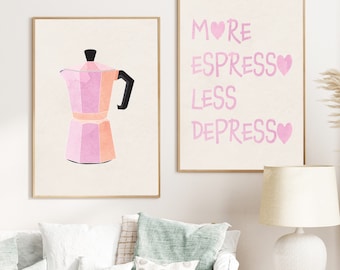 Estética cocina pared arte moderno conjunto de 2 carteles de café cocina de moda tipografía arte de pared imprimible arte rosa ecléctico 2 piezas arte de pared