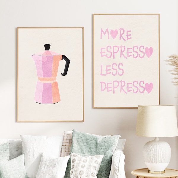 Aesthetic Kitchen Wall Art Modern Set of 2 Coffee Posters Trendy Kitchen Typography Wall Art Printable Eclectic Pink Art 2 Piece Wall Art