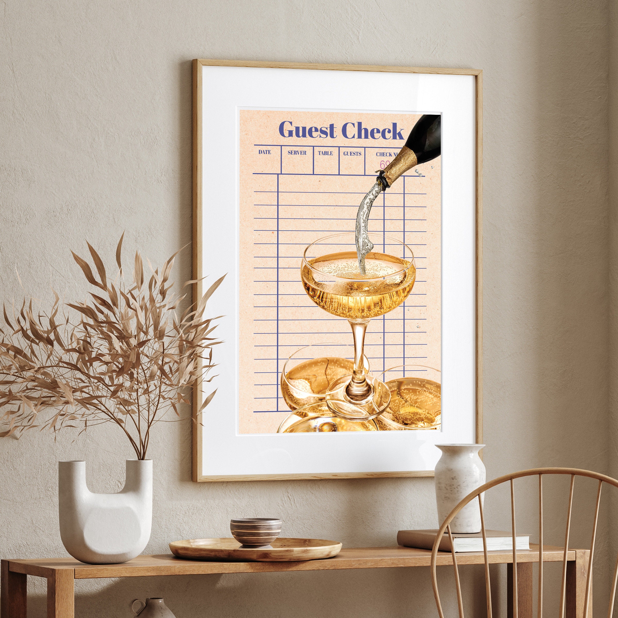 Champagne Guest Check Art Print: Retro Bar Cart Wall Decor (digital ...