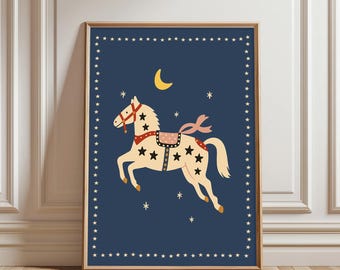 Celestial Horse Nursery Print | Moon and Stars Navy Wall Art | Starry Night Kids Room Poster | Carousel Horse Baby Decor | Dreamy Bedtime