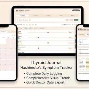 May include: A digital display of the "Thyroid Journal" app on a tablet and two smartphones. The app displays a calendar, symptom tracking, and data visualization. The app's name and features are listed below the devices.