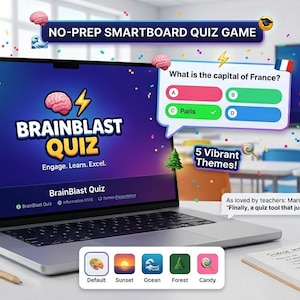 May include: A laptop displaying the "BrainBlast Quiz" game interface. The screen shows a quiz question about the capital of France. Additional text includes "Easy CSV Upload!", "Three Theme icons", and "Smartboard Ready!"