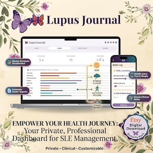Könnte beinhalten: Eine digitale Lupus Journal-Oberfläche, die auf einem Laptop und Smartphone angezeigt wird. Die Oberfläche umfasst Datenvisualisierung, Symptomverfolgung und Automatisierung von Arztberichten. Der Text "EMPOWER YOUR HEALTH JOURNEY" ist sichtbar.