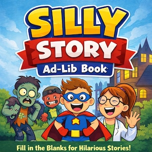May include: A colorful book cover with the title "SILLY STORY Ad-Lib Book" in yellow and red. The cover features cartoon characters, including a superhero, zombies, and a scientist. The text "Fill in the Blanks for Hilarious Stories!" is at the bottom.