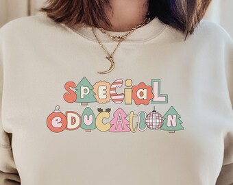 Teacher Christmas Sweatshirt Retro Special Education Teacher Holiday Apparel Teacher Team Sweatshirts Retro XMas Crewneck Gift for her