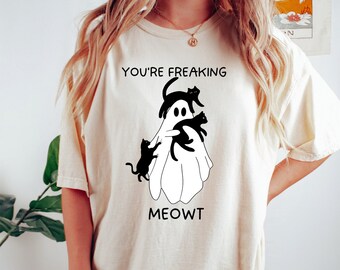 Estás volviendo loco MEOWT amante de los gatos camisa de Halloween, camiseta de esqueleto de gato freak-out, camiseta de gato espeluznante, camiseta divertida de halloween de meowt freaking