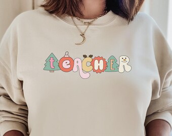 Teacher Christmas Sweatshirt Retro Education Teacher Holiday Apparel Teacher Team Sweatshirts Retro XMas Crewneck Gift for her
