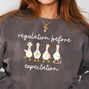 Peut inclure: Un sweat-shirt gris foncé avec le texte "regulation before expectation" en écriture blanche. Le graphisme présente quatre oies de dessin animé avec des accessoires. Le mot "PEPPER" est imprimé en bas à gauche.