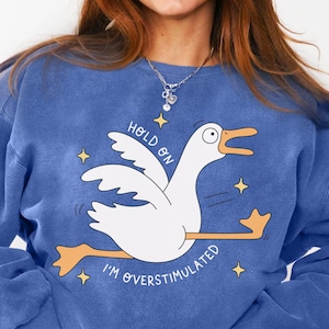 May include: Blue sweatshirt featuring a cartoon goose with the text "HOLD ON" and "I'M OVERSTIMULATED". The goose is white with orange feet and beak. The sweatshirt is a solid blue colour.