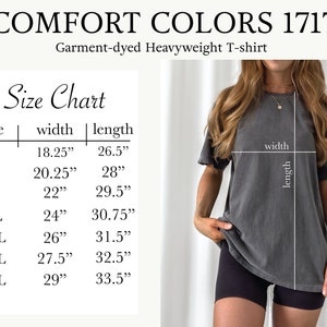 May include: Size chart for a garment-dyed heavyweight t-shirt. The chart shows the width and length in inches for sizes S through 4XL.