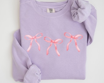 Pink Bow Comfort Colors® Sweatshirt Valentines Trendy Ribbon Crewneck Cottage Core Cute Soft Girl Ribbon Coquette Dainty Preppy Aesthetic