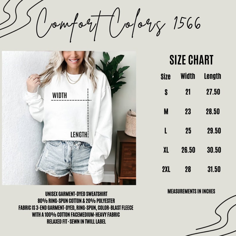May include: A white unisex garment-dyed sweatshirt with a size chart. The size chart shows measurements in inches for sizes S to 2XL. The sweatshirt is made of 80% ring-spun cotton and 20% polyester.