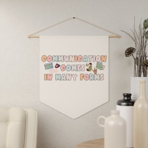 Puede incluir: Una pancarta blanca con el texto "COMMUNICATION COMES IN MANY FORMS" en letras de colores. El texto está rodeado de varios iconos coloridos que representan diferentes formas de comunicación, como un teclado, un teléfono, un micrófono y una mano haciendo un gesto de lenguaje de señas.