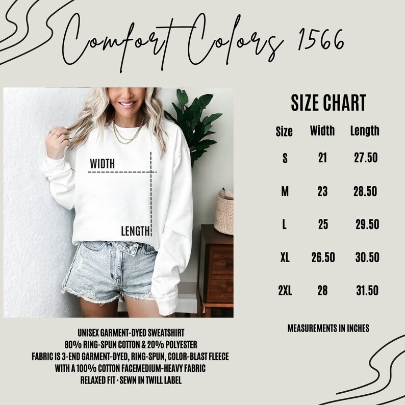 Puede incluir: Tabla de tallas para una sudadera unisex te&ntilde;ida en prenda. La tabla muestra las medidas de ancho y largo en pulgadas para las tallas S, M, L, XL y 2XL. La sudadera est&aacute; hecha de 80% algod&oacute;n hilado en anillo y 20% poli&eacute;ster. La tela es de polar de 3 hilos te&ntilde;ido en prenda, hilado en anillo, con efecto de color explosi&oacute;n, con una cara de 100% algod&oacute;n, de peso medio a pesado. La sudadera tiene un ajuste relajado y est&aacute; cosida con una etiqueta de sarga.