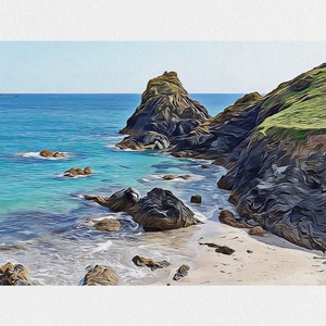Fine Art Beach print, Cornwall Seaside Painting wall art, Cornish Coast Print, Costal Landscape Print, Kynance Cove, UK Ocean Beach Decor
