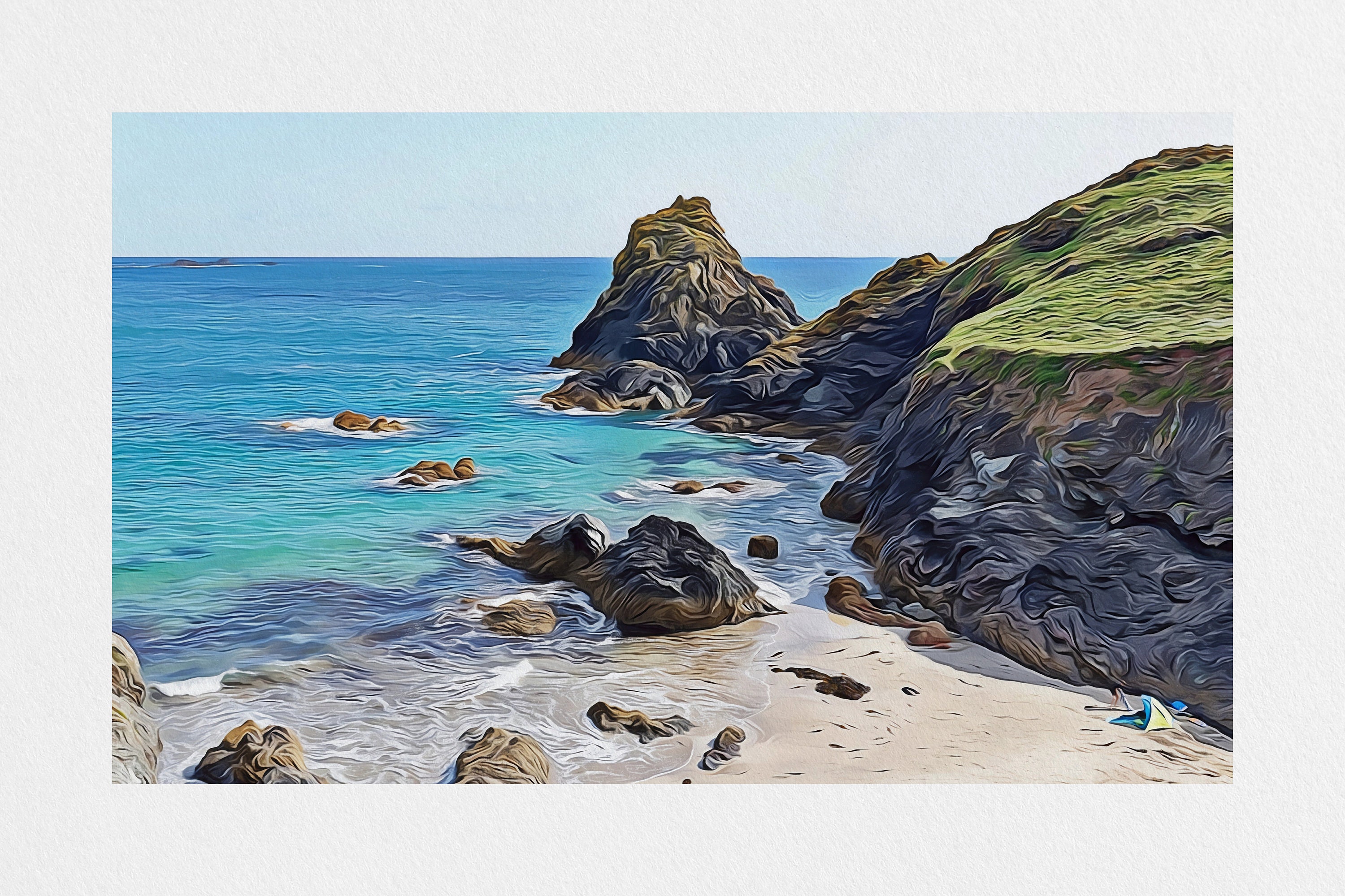 Fine Art Beach print, Cornwall Seaside Painting wall art, Cornish Coast Print, Costal Landscape Print, Kynance Cove, UK Ocean Beach Decor