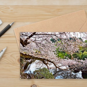 Japan Cherry Blossoms Stationary, Sakura Blank Card, Artistic Cherry Tree Card, Thinking of You, Thank You Card, Pond Greeting Card