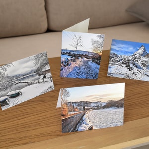 Pack of 4 Christmas Cards, Unusual Christmas Cards, Snowy landscape cards, Original Art Blank Cards, Everyday Cards, Winter Scenes Cards