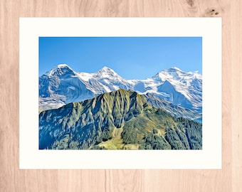 Switzerland mountains art print | Eiger Mönch and Jungfrau art | Bernese Oberland | Alpine painting | Unique mountain art