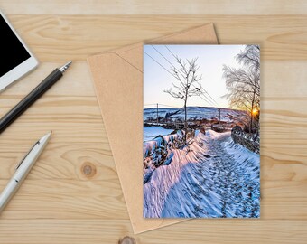 Unusual Original Christmas Card, Blank Art Card, Winter Birthday Card, Glossop English Countryside Snowy Card, Sunset on a winter footpath