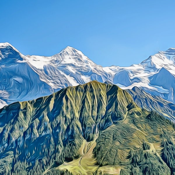 Zomeralpenschilderij | Wandkleed Jungfrauregio | Eiger Monch en Jungfrau canvas | Opvallend cadeau voor muurkunst | wanddecoratie woonkamer