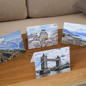 Cartes de voeux A5 paysage | Cartes uniques | Cartes vierges A5 | Montagne de Nouvelle-Zélande | Alpes suisses | Pont de Londres | Château japonais
