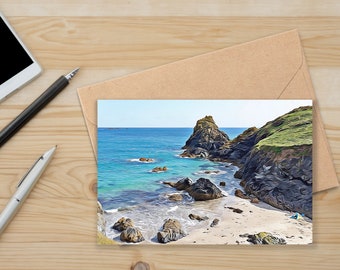 Carte de plage A5 | de voeux de paysage de bord de mer de style artistique | Carte vierge | Plage de Cornouailles | Bord de mer britannique en été