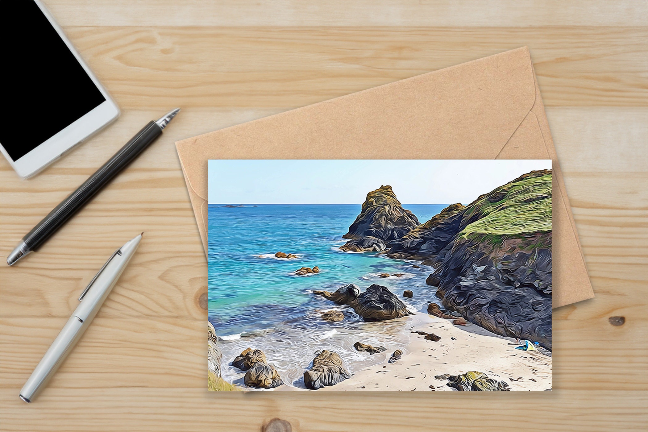 A5 Strand Karte | Art Style Seaside Landschaft Grußkarte | Leere Karte | Cornwall Strand | Britische Küste im Sommer