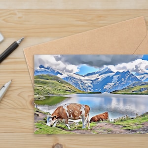 Vierge au lac de montagne tranquille et vache au pâturage | d'art de paysage naturel | Carte alpine suisse de lac de Zazzle.be Liste d'envies Vous avez des idées ? Carte d'art unique