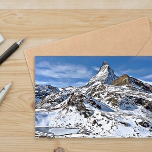 Tarjeta de Navidad en blanco de estilo artístico único / Tarjeta de cumpleaños en blanco / Paisaje de Suiza / Montaña Matterhorn / Tarjeta inusual