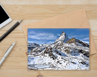 Unique Art Style Blank Christmas Card | Blank Birthday Card | Switzerland Landscape | Matterhorn Mountain | Unusual Card