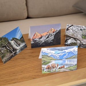Cartes de voeux A5 paysage | Cartes de style artistique | Cartes vierges | Fleurs de printemps | Coucher de soleil sur la montagne | Cascade | Lac alpin et vache