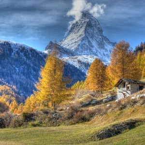 Matterhorn Autumn Mountain scene | Living room art | Canvas | Swiss landscape | Picture of Switzerland | Nature lover | Idyllic village |