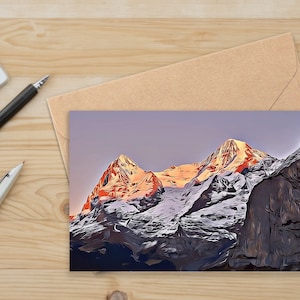 Biglietto d'auguri con montagna vuota, biglietto panoramico al tramonto per gli amanti della natura, carta da lettere al tramonto, regalo per avventure all'aria aperta, carta da lettere con cime innevate