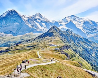 Switzerland Famous Mountains | Summer Alpine Painting | Bernese Oberland | Wall Canvas | Home decoration | Housewarming gift