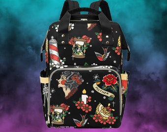 Gothic Wickeltasche/Wickeltasche | Tattoo Style Rucksack | Goth Babypartygeschenk | Gothic Rucksack | Dark Academia Rucksack | Gothic Zubehör