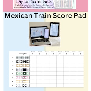 Cuadernos, Hojas y Tarjetas de Partitura Digital del Tren Mexicano. Juego de dominó. La hoja de cálculo digital calcula automáticamente la puntuación. Noche de juegos familiar