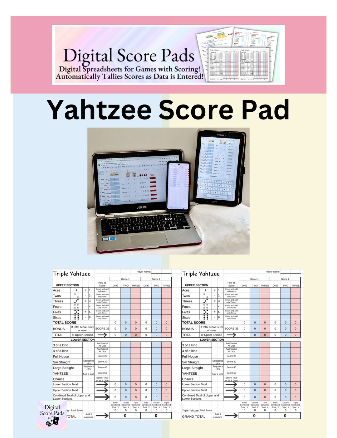 Yahtzee Digital Score Pads, Sheets, Cards. Yahtzee Dice Game. Digital ...