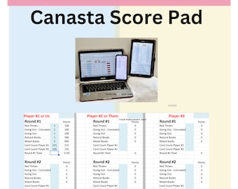 Canasta Digital Score Pads, Sheets, Cards. Canasta Card Game. Digital Spreadsheet Automatically Calculates Score. Family Game Night