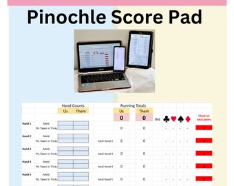 Pinochle digitale scoreblokken, bladen, kaarten. Pinochle-kaartspel. Digitale spreadsheet berekent automatisch de score. Game-avond voor het hele gezin