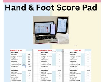 Digitale scoreblokken voor handen en voeten, blad, kaart. Hand- en voetkaartspel. Digitale spreadsheet berekent automatisch de score. Game-avond voor het hele gezin