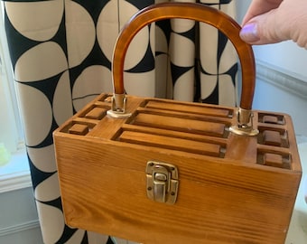 Vintage Groovy Wooden Box Shaped Handbag with Lucite Handle 60&#39;s Hong Kong