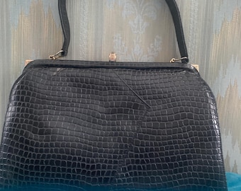 Vintage black vinyl reptile style handbag, embossed patent leather handbag made in Canada, 50s/70s
