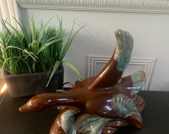 Fernsehlampe in Form einer fliegenden Gans, Laurentides-Keramik, Keramik, braune und grüne Farbe, MCM Vintage, funktional