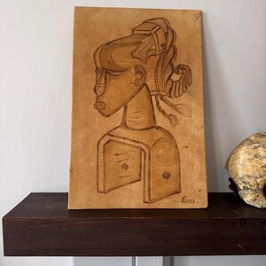 Vintage signed pyrography painting on wood, female bust, African modern art